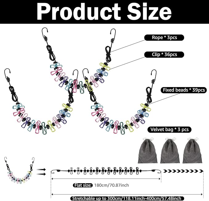 3 Pcs Travel Clothesline with 12 Colorful Clips, Portable Clothes Line Elastic Travel Clothesline for Indoor and Outdoor Balcony Outdoor Camping Use