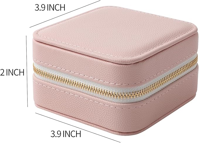 Genuine Leather Travel Jewelry Organizer Case with Mirror for Women, Small Mini Portable Jewelry Box for Earring, Ring, Necklace, Bracelet（Pink）