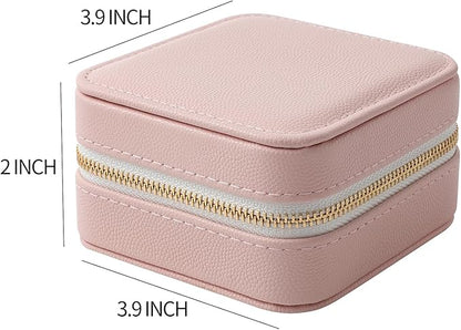 Genuine Leather Travel Jewelry Organizer Case with Mirror for Women, Small Mini Portable Jewelry Box for Earring, Ring, Necklace, Bracelet（Pink）