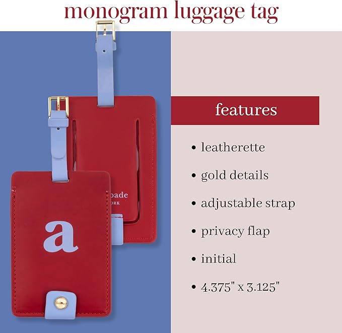Kate Spade New York Leatherette Luggage Tag with Secure Strap, Colorful Suitcase Identifier for Travel, Monogram Bag Tag ID, A
