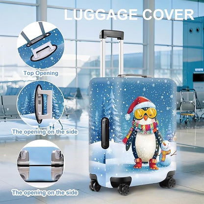 Christmas Penguin Luggage Cover – Cute Winter Penguin Suitcase Protector, Holiday Travel Luggage Sleeve, Stretchable & Waterproof,L
