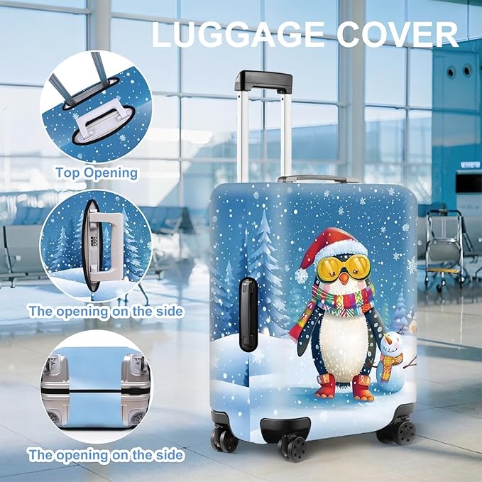 Christmas Penguin Luggage Cover – Cute Winter Penguin Suitcase Protector, Holiday Travel Luggage Sleeve, Stretchable & Waterproof,XL