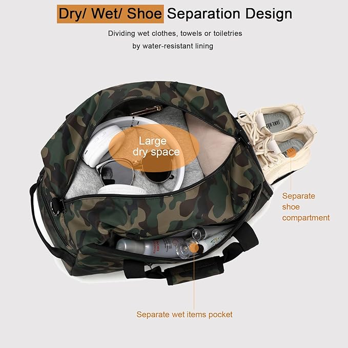 Octsky Boys Overnight Bag Weekender Bag Sports Gym Travel Duffel Bag with Shoe Compartment, Camo Green