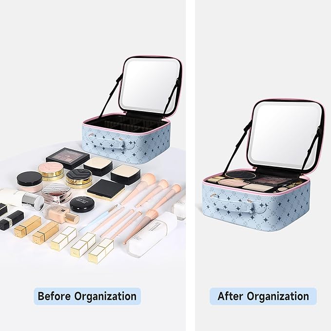Travel Makeup Bag With 360° rotating LED Mirror,Waterproof cosmetic organizer,Portability Cosmetic case,Makeup organizer,Gift for Women,Girls Gift (Blue+Pink)