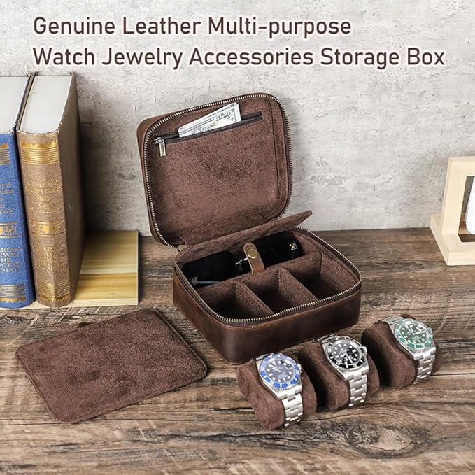 CONTACTS Watch Case Travel Sunglasses Holder for Men Full Grain Leather Jewelry Organizer for 3 Watches and Watch Straps or 1 Sunglasses