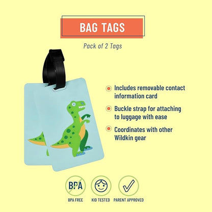 Wildkin Kids Luggage Tags – Set of 2, Durable Bag Tags w/Info Card for Suitcases & Backpacks - Dinosaur