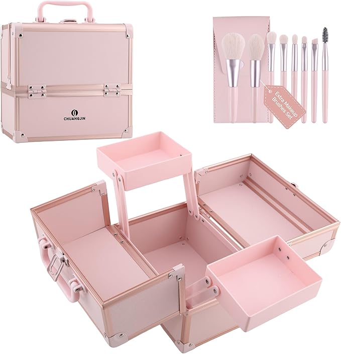 Makeup Train Case 2 Trays Makeup Box Organizer Portable Travel Makeup Case Lockable Makeup Storage Organizer Cosmetic Box for Jewelry Nail Tech Brushes Accessories Tool, Pink Pro