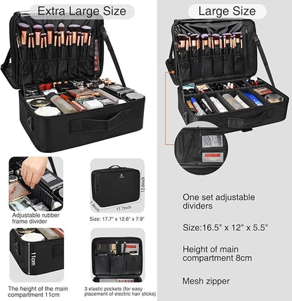 Relavel Large Makeup Organizer Profession Makeup Bag Extra Large Makeup Case with Adjustable Dividers, Adjustable Angle Fixed Belt and Shoulder Strap Plastic Dividers