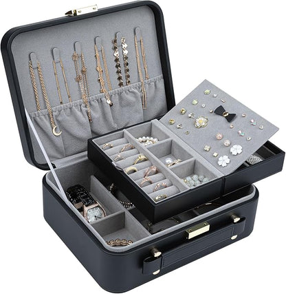 Jewelry Box for Women, Travel Jewelry Organizer Case with Jewelry Tray for Rings Earrings Necklaces Bracelets Watches, Black