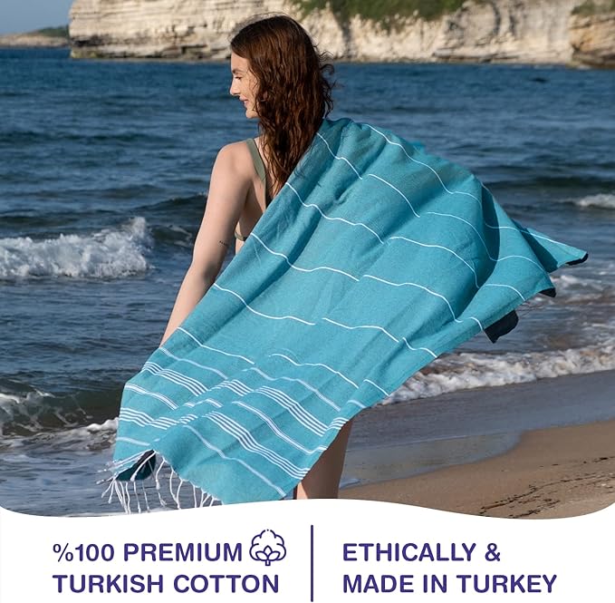 Turkish Beach Towels, Pack of 2 | Oversized, Quick Dry, Sand Free | 100% Cotton, Large 38x71 Towels for Beach, Pool, Travel | Ultra-Soft, Compact, and Absorbent | Teal