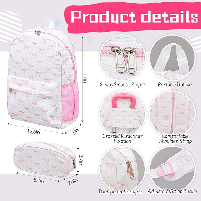 Redbaker 6 Pcs Kids Luggage Set 17 Inch Kids Rolling Luggage Double Pattern Suitcase for Girls Boys School Gift(Pink, 17 Inch, Bow Style)