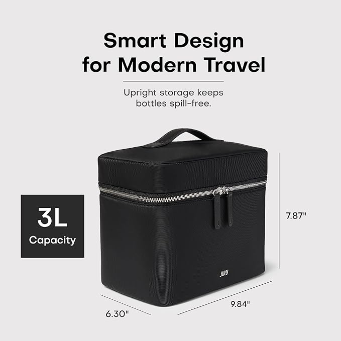 Vanity Cosmetic Case - Stylish Travel Makeup Bag for Women with Removable Wet Pouch, Upright Bottle Design, Clear Top Pocket, Leather Handle, Travel Essentials, Toiletry Organizer - Black