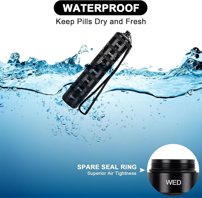 Portable Travel Pill Organizer - Metal Waterproof Pill Box, Small Compact Weekly Aluminum Alloy Container, 7 Day Daily Medicine Organizer Holder for Small Pills, Black S