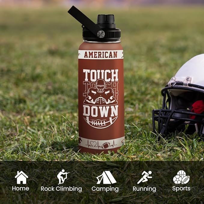 Football Water Bottle with Lid - 32oz Insulated Stainless Steel Sport Bottle - Gifts for Men Football Players Lovers Men