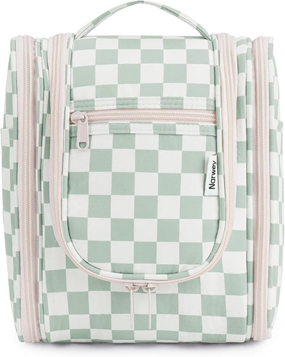 Narwey Small Checkered Hanging Travel Toiletry Bag for Women, Travel Bag for Toiletries, Makeup Bag Organizer Cosmetic Bags Make Up Bags for Women (Mint Green Checkerboard)