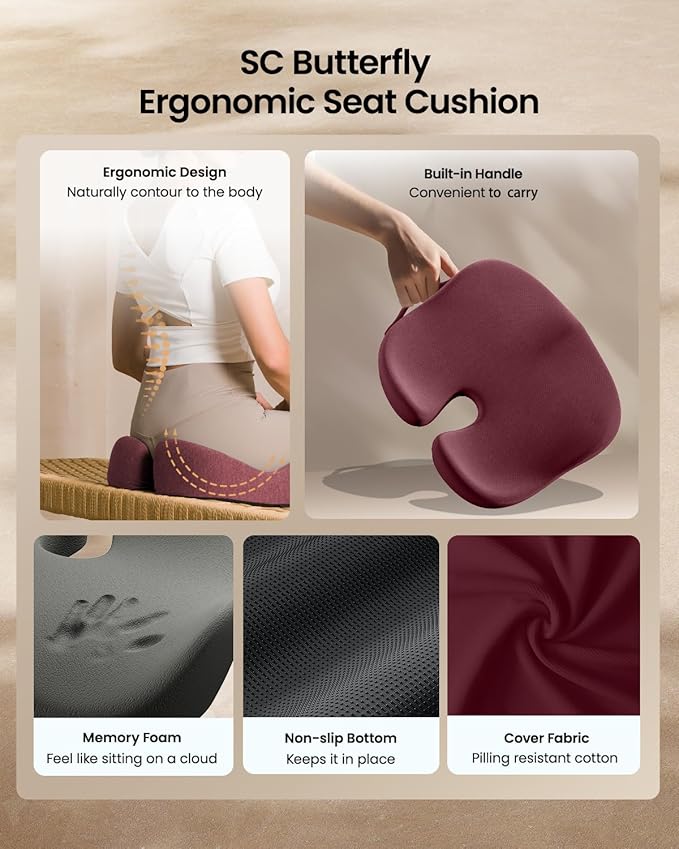 ProtoArc Seat Cushion, Office Chair Cushion for Sciatica, Coccyx Cushion, Ergonomic Memory Foam Seat Cushion for Car, Home, Pressure Relief Pad for Hip, Tailbone, All Day Comfort - Wine Red