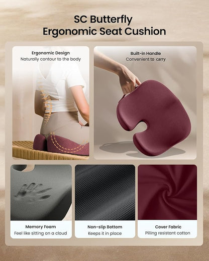 ProtoArc Seat Cushion, Office Chair Cushion for Sciatica, Coccyx Cushion, Ergonomic Memory Foam Seat Cushion for Car, Home, Pressure Relief Pad for Hip, Tailbone, All Day Comfort - Wine Red