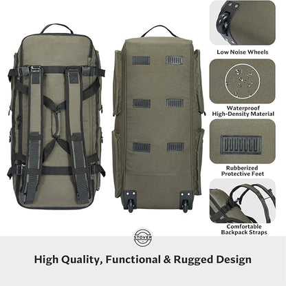 STOVER 100L U-Zip Rolling Duffel Bag with Wheels, X-Large Durable Travel Duffle + Toiletry Bag, Heavy Duty, Lay-Flat Opening, Packable w/Shoulder Straps- Use as Luggage or Backpack, Men/Women (Green)