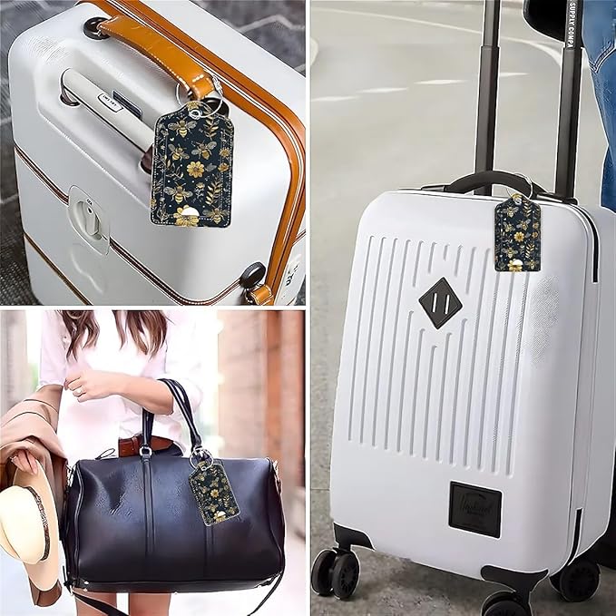 Funny PU Leather Luggage Tags 2-Pack Suitable for Suitcase Stainless Steel Loop and Address Card Essential with Cruise and Airport Travel Vintage Yellow Bee Floral Cute Pattern