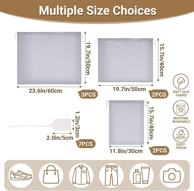 Ewen 7 Pack Small Medium Large Dustproof Satin Drawstring Bags Set, Dustproof Packing Bags with Blank Tags for Purse Organizer Home Organization Storage, Gray Dustbags for Handbag Travel Shoes Closet
