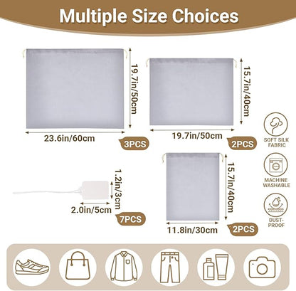 Ewen 7 Pack Small Medium Large Dustproof Satin Drawstring Bags Set, Dustproof Packing Bags with Blank Tags for Purse Organizer Home Organization Storage, Gray Dustbags for Handbag Travel Shoes Closet