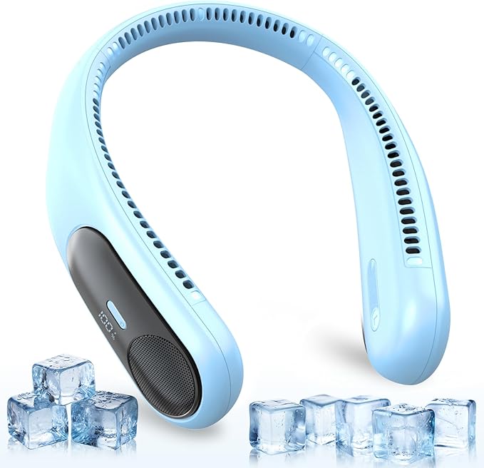 Portable Neck Fan,Personal Wearable Bladeless Fan,LED Display,4-Speeds,6000mAh USB Rechargeable,360° Strong Cooling Wind,Hands Free,Long Lasting,Birthday Gifts for Men Women Dad Mom (Light blue)