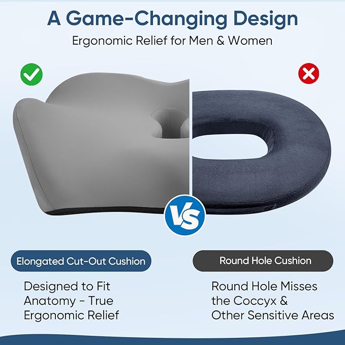 Donut Pillow with Lengthened Center Hole Suspends Tailbone & Sensitive Area, Relieves Pressure for Hemorrhoid and Coccyx Pain, Ergonomic Office & Car Seat Cushion for Prolonged Sitting