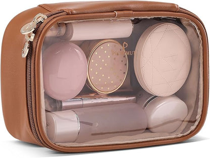 Pocmimut Clear Makeup Bags,Small Makeup Pouch with Large Cosmetic Bag Toiletry Bag Car Accessories Storage for Women Men,Travel Essentials Organizers,Brown