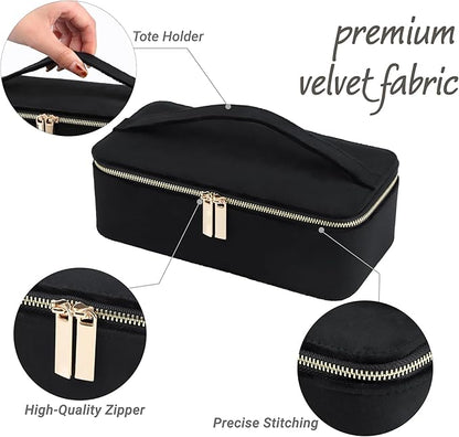 HofferRuffer Jewelry Box Organizer for Women Girls, Travel Jewelry Case with Portable Zipper Bags, Jewelry Storage Ideal for Travel & Home Organization (12pcs-Black Velvet)