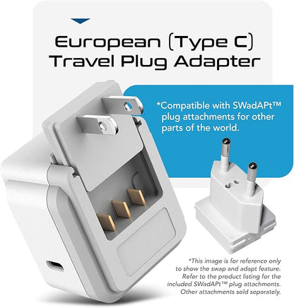 Ceptics European Plug Adapter, Safe USB-C 30W PD & QC 3.0-2 USA Socket - Compact & Powerful - Use in Greece, Italy, Switzerland, Turkey, Portugal - Includes Type C Swadapt Attachment