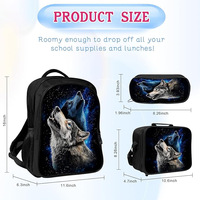 Wolf Backpack Wild 17 Inches Bookbag 3PCS Set with Lunch Box Pencil Case Daypack for Kids Boys