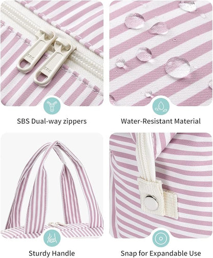 Narwey Travel Toiletry Bag, Wide-open Large Toiletry Bags for Traveling Women, Checkered Travel Bag for Toiletries Cosmetic Makeup Bag Organizer, Skincare Make Up Bag (Dusty Pink Stripe)