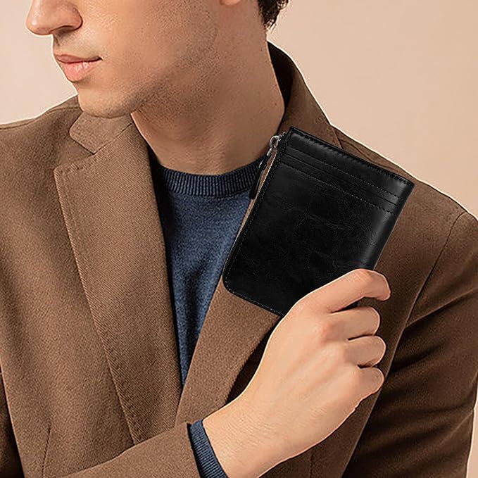 Minimalist Real Leather Wallet for Men with Zipper Card Holder and ID Window RFID Blocking Bifold Wallet (Black)