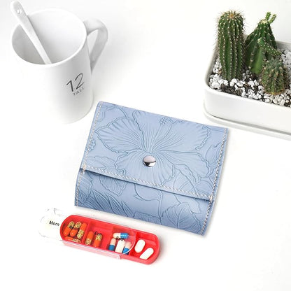 Pill Organizer,LIZIMANDU Weekly Travel Pill Case Box Medication Reminder Daily AM PM, Day Night 7 Compartments,for 4 Times A Day, 7 Days a Week-Includes Leather PU Carrying Case(1-Carved Blue4)