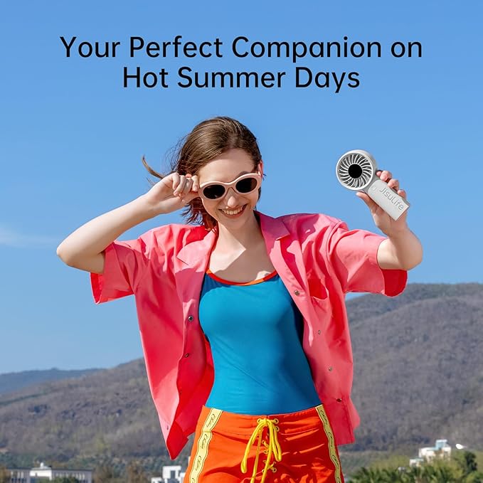 JISULIFE Handheld Portable Fan with Powerful Motor,LED Display,5000mAh Battery,5 Wind Speeds,Lanyard; Summer Essentials USB Rechargeable Hand held Fan for Travel,Beach,Makeup,Concerts-Gery