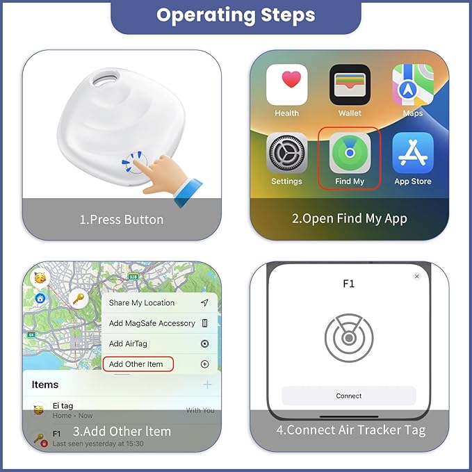Air Tracker Tags-4 Pack, Smart Bluetooth Tracker Works with Apple Find My (iOS Only), Tracking Tag with Lanyard, Item Finder for Luggage, Key, Suitcases, Replaceable Battery(Not for Android Devices)
