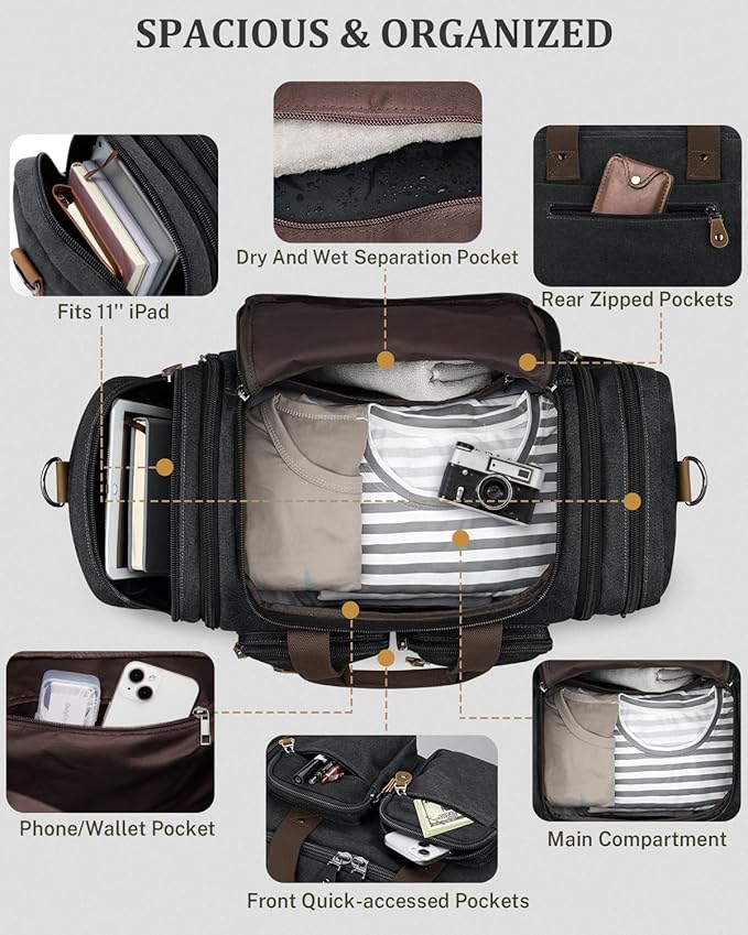Gonex Canvas Duffle Bag for Travel, Expandable Water Resistant 60L Carry on Duffel Overnight Weekender Gym Bag with Wet Dry Separation Pocket & Suitcase Handle Sleeve, Dark Grey