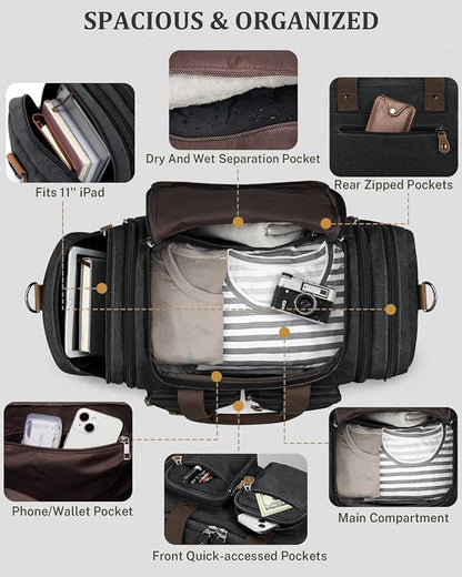 Gonex Canvas Duffle Bag for Travel, Expandable Water Resistant 60L Carry on Duffel Overnight Weekender Gym Bag with Wet Dry Separation Pocket & Suitcase Handle Sleeve, Dark Grey