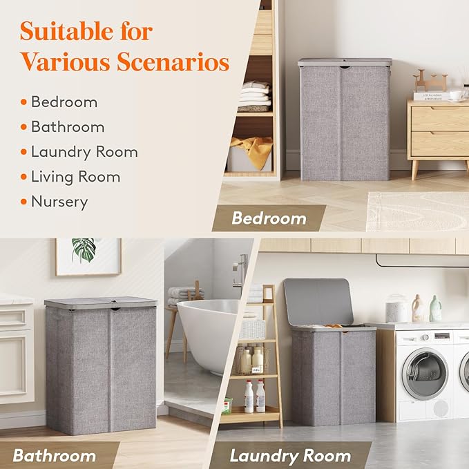 Lifewit 165L Laundry Basket with Lid, Large Laundry Hamper with Plastic Handles and Removable Bag, Foldable Tall Dirty Clothes Hampers for Laundry for Laundry Room, Bedroom, Bathroom, Dorm, Light Gray