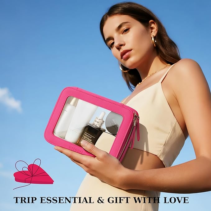 Clear Makeup Bag, Travel Toiletry Bag Cosmetic Case for Women, Waterproof Portable Make Up Skincare Pouch with Zipper, Compact Car Organizer Bag for Essentials, Medium Size, Hot Pink