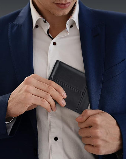 Swallowmall Leather Wallet for Mens Genuine Leather RFID Blocking Bifold Wallets with 1 ID Window 15 Card Slots