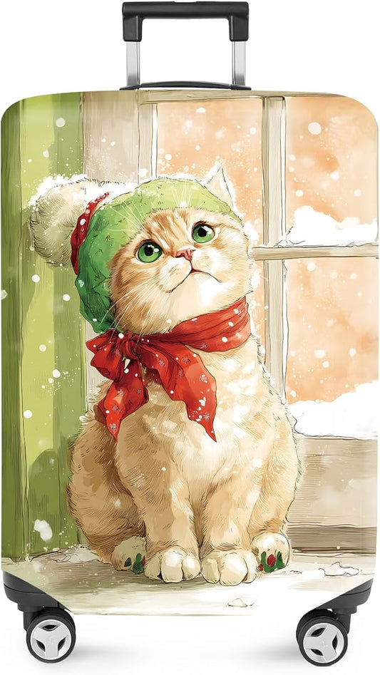 FOREVER QUEEN Christmas Cute cat Luggage Cover Suitcase Protector Suitcase Cover Anti-Scratch,Stretchable Bag Cover Washable Durable Polyester