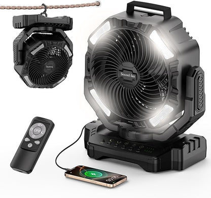 Socool 40000mAh Camping Fan Rechargeable, Battery Operated Portable Outdoor Fan Remote, 136Hrs & 4-Speed Cordless Oscillating, Table Fan with Light & Timer for Tent RV Jobsite Hurricane Power Outage