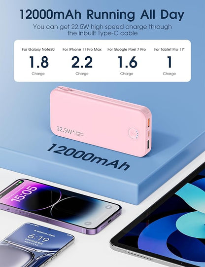 22.5W Super Fast Charging Portable Charger with Wall Plug,12000mAh USB-C Power Bank Built-in 2 Cable, Lightweight Phone Charger Travel Battery Pack for All iPhone, Samsung, Tablets