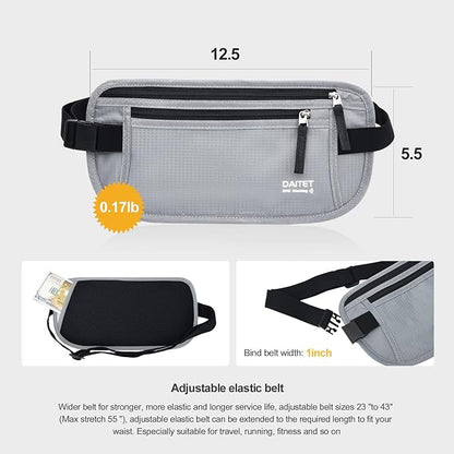 RFID Blocking Money Belt for Men Women, Slim Fanny Pack for Travel，Running,Conceal Waist Wallet for Passport Holder,Phone,Cash(Light Grey)