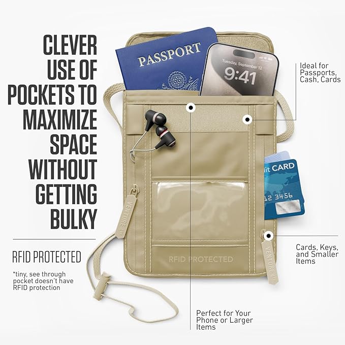 VENTURE 4TH Neck Wallet, RFID Blocking Passport Holder for Travel – Hidden Neck Pouch with 5 Compartments, Slim Lightweight Organizer with Adjustable Strap for Cash, Cards & Passport (Sleek Beige)