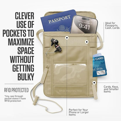 VENTURE 4TH Neck Wallet, RFID Blocking Passport Holder for Travel – Hidden Neck Pouch with 5 Compartments, Slim Lightweight Organizer with Adjustable Strap for Cash, Cards & Passport (Sleek Beige)