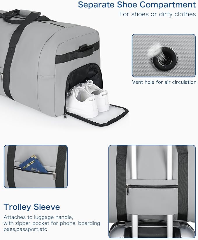 80L Large Duffle Bag for Travel, Urtala 26” Travel Duffle Bag for Men and Women, Foldable Traveling Duffel Bags with Shoes Compartment, Waterproof and Tear Resistant (Gray)