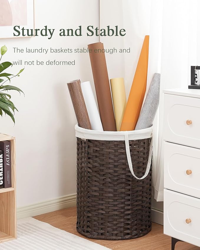 Laundry Basket Round Rattan Laundry Hamper 29.1 Gal (110 L) Handwoven Large Wicker Basket with Handles, Wicker Hamper with Removable Bags and 2 Mesh Bags for Bathroom Living Room Brown