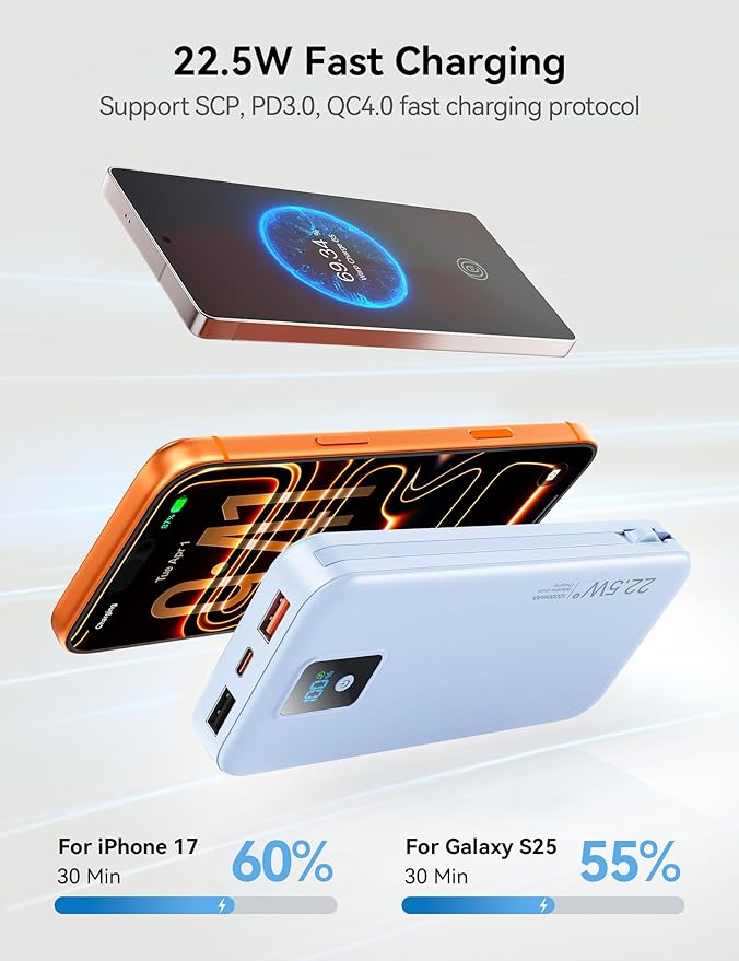 Portable Charger, 12000mAh 22.5W Fast Charging Power Bank with Built-in Cables & Wall Plug, Travel Essentials Battery Pack with LED Display, USB C External Battery Bank for iPhone iPad, Samsung Blue